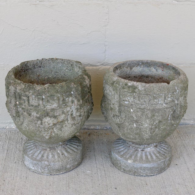 Neoclassical Vintage Neoclassical Cast Concrete Urn Planters With Greek Key & Grape Motif - A Pair For Sale - Image 3 of 15