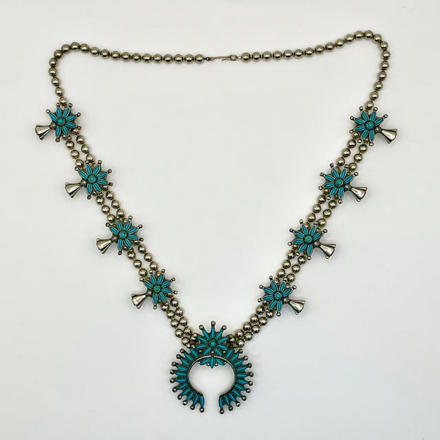1960s Vintage Southwestern Zuni Native American Sterling & Turquoise Squash Blossom Beaded Necklace, 27” For Sale - Image 9 of 12