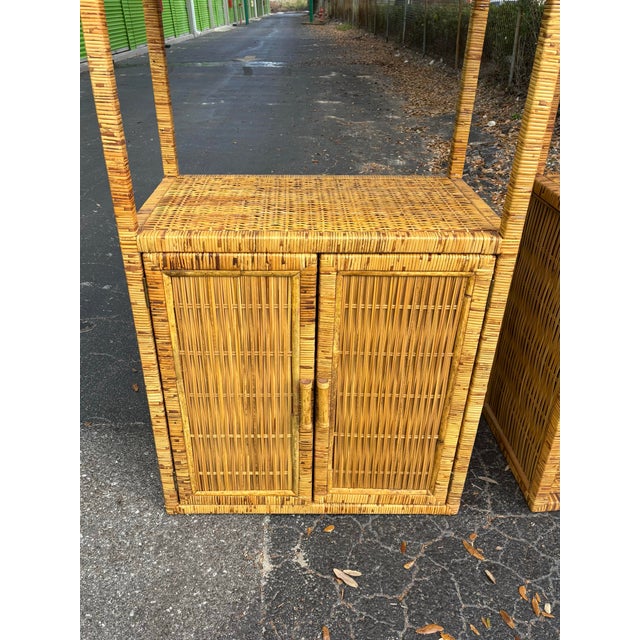 Vintage Burnt Woven Bamboo Etagere Pair - Arched Palm Beach Regency For Sale - Image 4 of 8