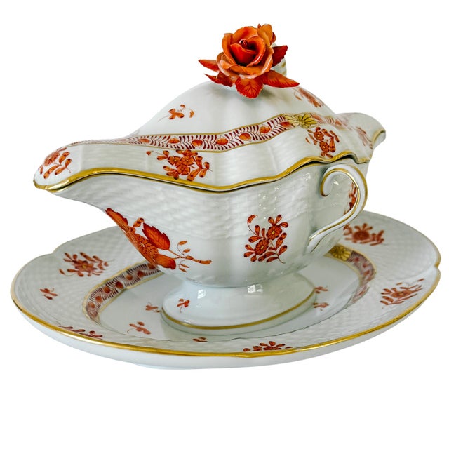 Herend Herend Chinese Bouquet Rust Gravy Boat With Attached Plate & Lid and Rose Finial For Sale - Image 4 of 14