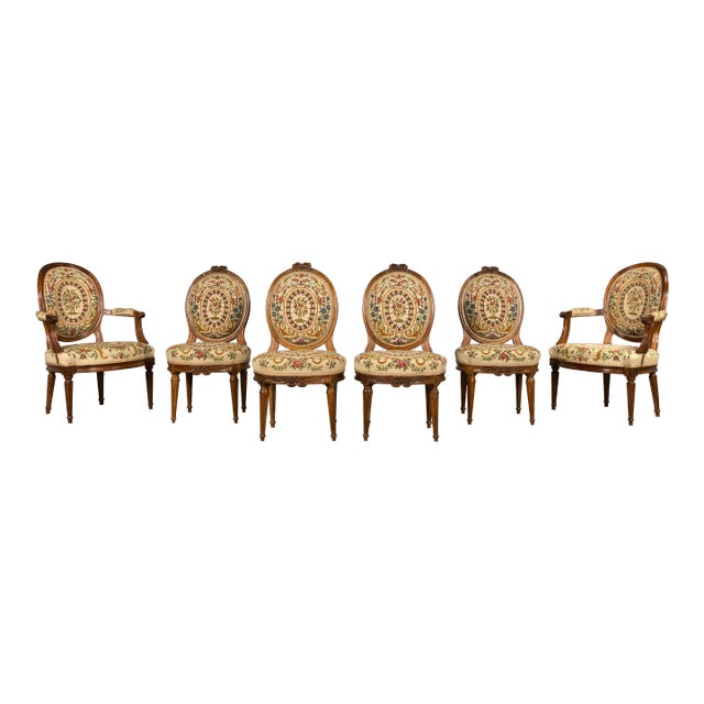 Set of Six 19th Century French Walnut Side Chairs, Louis XVI Style For Sale