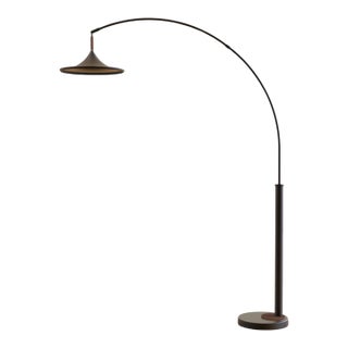 Mid Century Lodi 1-Light Arc Floor Lamp - Matte Black, Walnut, Gold Leaf, Marble Base, Dimmer Switch For Sale