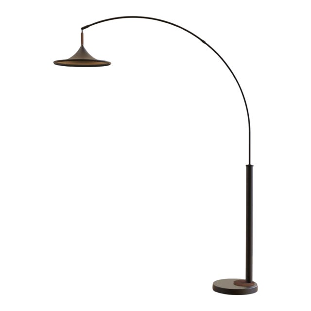 Mid Century Lodi 1-Light Arc Floor Lamp - Matte Black, Walnut, Gold Leaf, Marble Base, Dimmer Switch For Sale