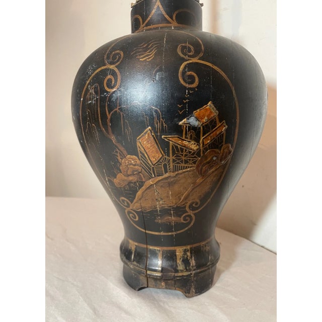Antique Hand Carved Chinese Lacquered Heavy Wood Brass Electric Table Lamp Light For Sale In New York - Image 6 of 17