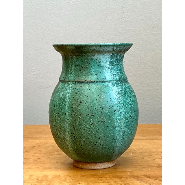 Green Vintage Speckled Green Ceramic Vase For Sale - Image 8 of 12
