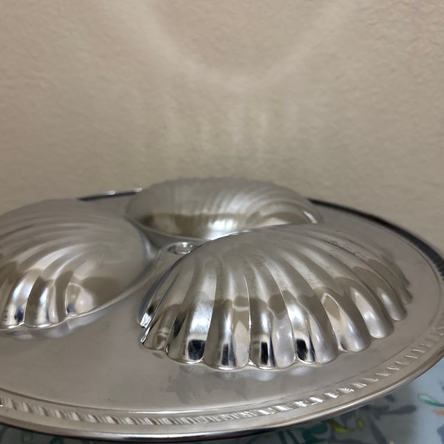 Traditional Vintage Regency Style Silver Tone Triple Shell Divided Serving Tray With Stylized Handle For Sale - Image 3 of 5
