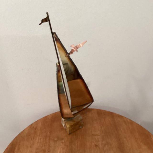 Mid-Century Modern Mid-Century Modern Brass & Copper Sailboat Sculpture on the Stone Base by Curtis Jare Circa1960 For Sale - Image 3 of 12