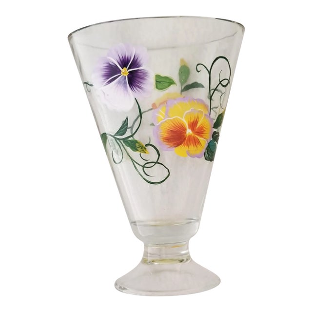 Early 1900's Transparent Glass Vase Handpainted Pansies For Sale