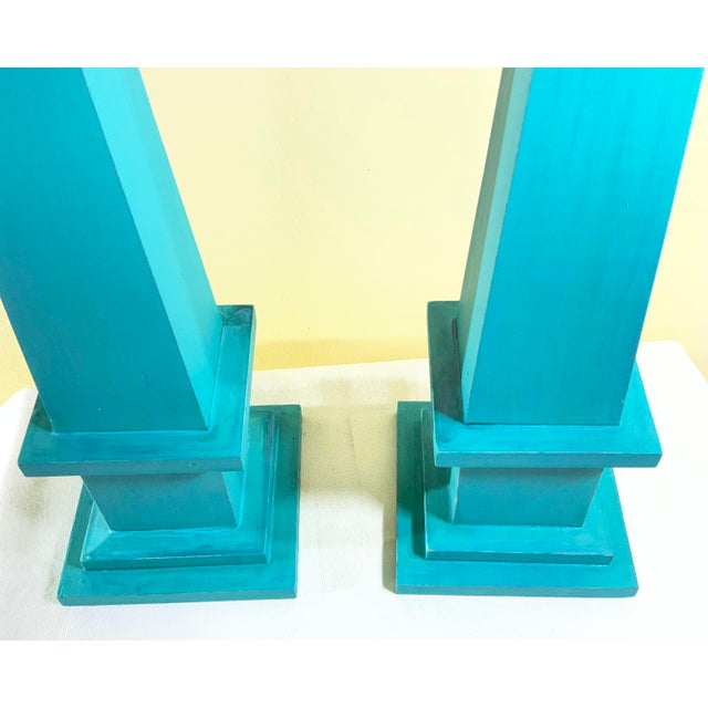 Pair of Hand-Painted Solid Wood Decorative Obelisks – Vibrant Turquoise Color For Sale - Image 10 of 15