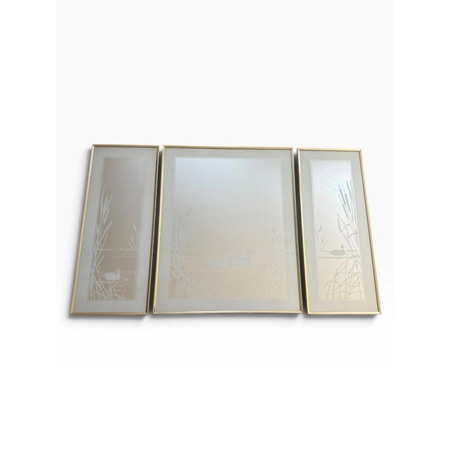 Vintage Three-Piece Swan Etched Mirror Set With Gold-Tone Frames For Sale - Image 4 of 8