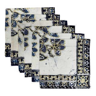 Vintage Boho Chic Navy & Gold Batik Napkins - Set of 6 For Sale
