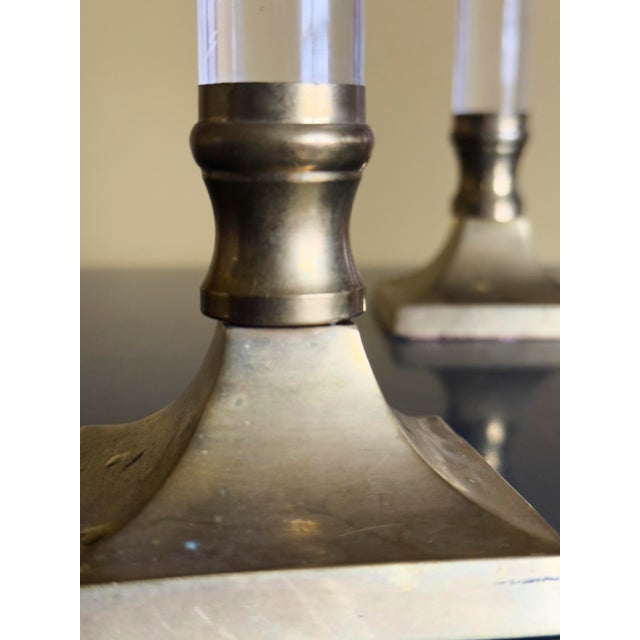 Metal Vintage Pair of Mid-Century Modern Brass & Lucite Candle Stick Holders, 1960s For Sale - Image 7 of 10