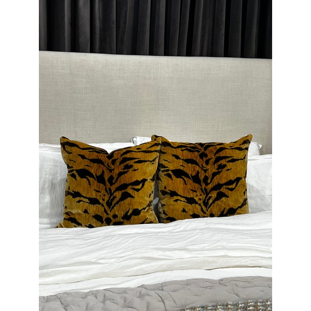 Mustard Silk Tiger Velvet Down Filled Pillows- a Pair For Sale - Image 8 of 12