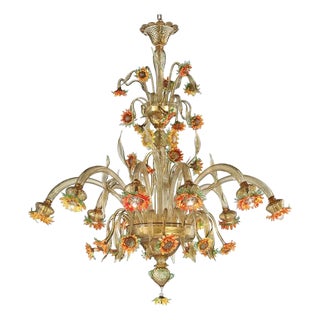 Venetian Scenographic Sunflowers Amber and Green Murano Glass Chandelier by Simoeng for Simoeng For Sale