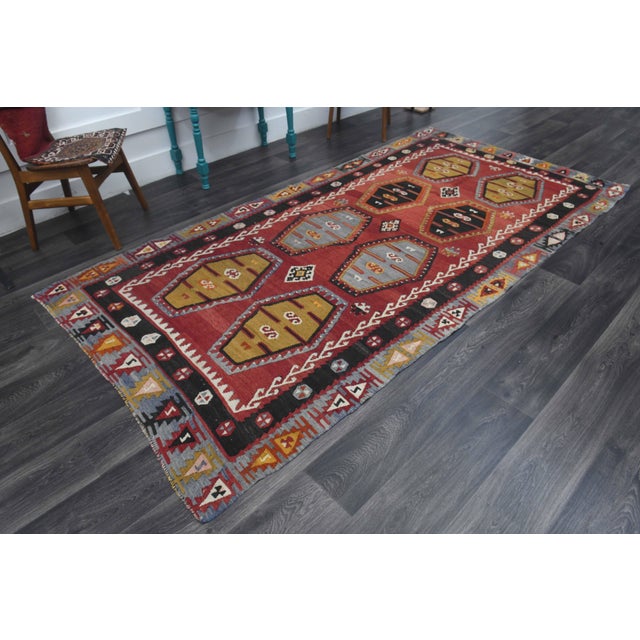 Red 1970s Vintage Handmade Wool Cotton Red Kilim Runner Rug For Sale - Image 8 of 11