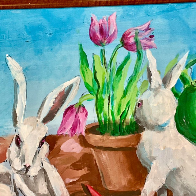 1970s Vintage Impressionist Original Painting Bunnies and Spring Tulips, Artist Signed - Easter. For Sale - Image 4 of 10