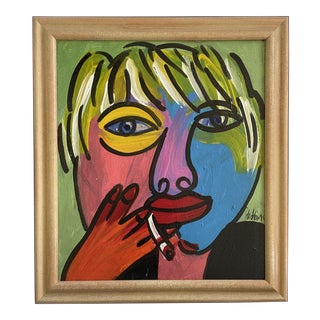 1970s “Dreaming Andy Warhol” Cubist Style Abstract Face Acrylic Painting by Peter Keil, Framed For Sale