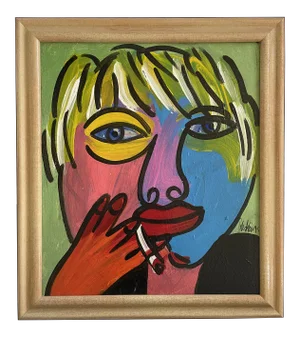 1970s “Dreaming Andy Warhol” Cubist Style Abstract Face Acrylic Painting by Peter Keil, Framed