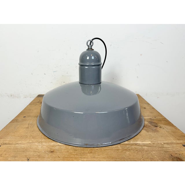 Industrial Grey Enamel Factory Pendant Lamp, 1960s For Sale - Image 14 of 18
