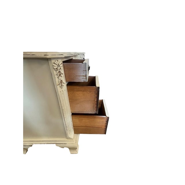 Glass White Distressed French Country Gustavian Style Vanity & Matching Scroll Mirror For Sale - Image 7 of 11