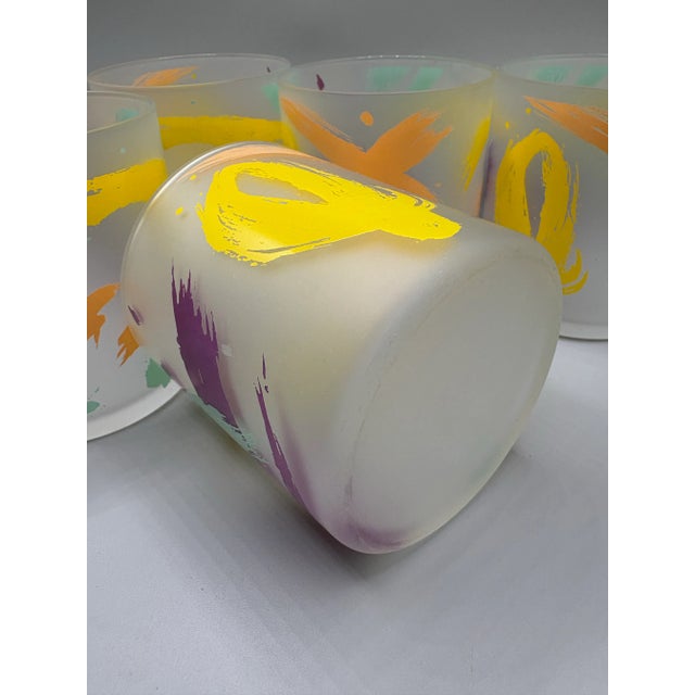 1990s Vintage 1990s Pastel Frosted Glass Postmodern Paint Splash Rocks Cocktail Glasses- Set of 5 For Sale - Image 5 of 5