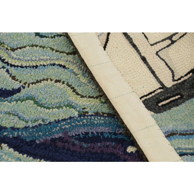 Blue Antique Hooked Rug With Ocean Pictorials in Blue and Cream, From Rug & Kilim For Sale - Image 8 of 8