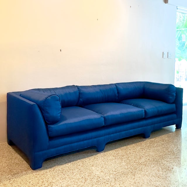 1980s Art Deco Chinoiserie Style Royal Blue Allover Upholstered 3-Seater Sofa For Sale - Image 4 of 16