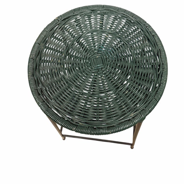 Modern Vintage Forest Green Wicker Top Wire Frame Stool For Sale - Image 3 of 5
