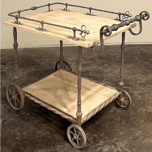 Antique Rustic Wrought Iron and Butcher Block Bar Cart For Sale - Image 4 of 12