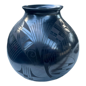 Jesus Pina Mata Ortiz Black on Black Pottery Olla Vase Signed 10” Mexico