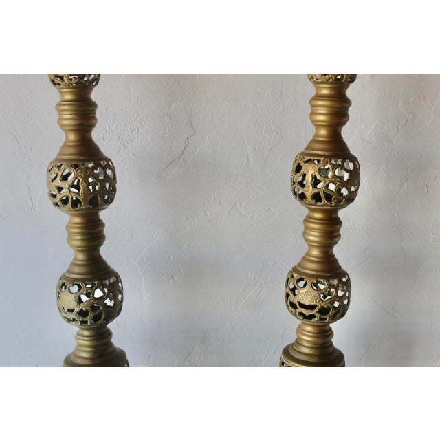 Vintage Altar Size Pierced Brass Floor Candlestick Holders Ornate Reticulated Design Mid Century For Sale - Image 11 of 15