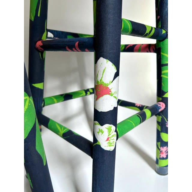 Pair of Vintage Greeff "Summertime Collection" Fabric Wrapped Wooden Counter Stools For Sale - Image 15 of 18