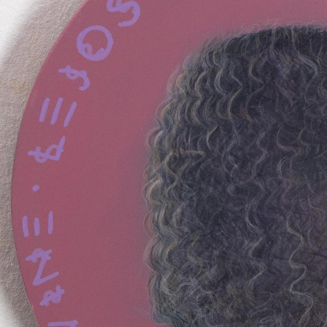 Contemporary mauve-toned circular portrait in acrylic on wood exploring queer migration, self-reclamation, and identity...