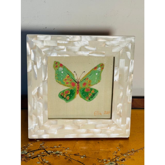 Original Butterfly Painting on Canvas in Mother of Pearl Frame For Sale - Image 4 of 4