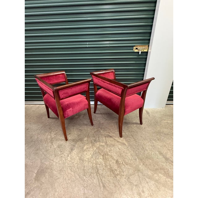 Late 20th Century Pair of Vintage Petite Wood-Framed Tub Chairs in Raspberry Velvet For Sale - Image 5 of 6