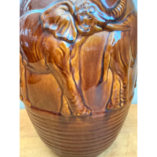 Brown Vintage Brown Glazed Ceramic Elephant Lamp For Sale - Image 8 of 12