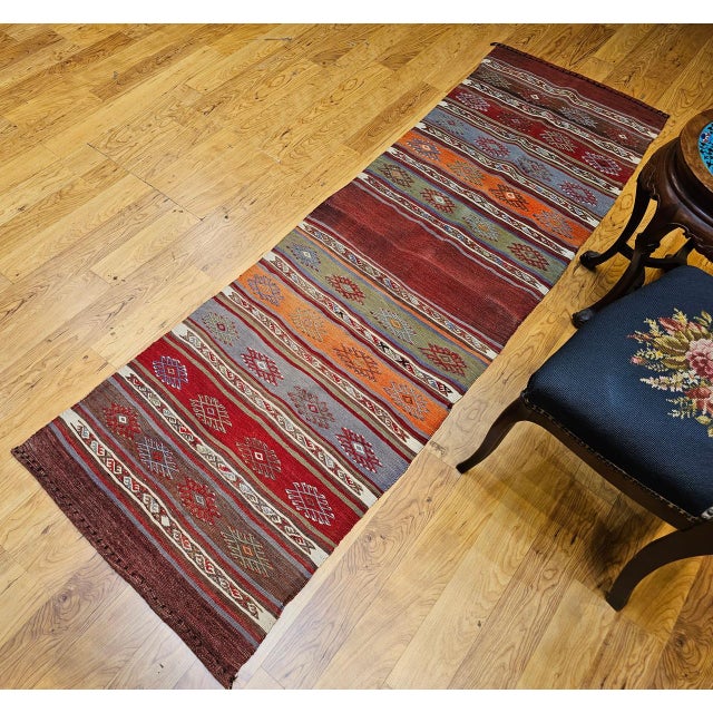 Moroccan Vintage Moroccan Tribal Kilim Runner, Flat-Woven Wool, Geometric Stripe Pattern, 2x8 For Sale - Image 3 of 15