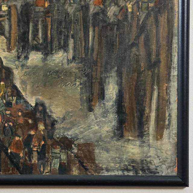 1950s Vintage Modernist Dock/Harbor Cityscape Scene With Workers(Mixed Media on Board) For Sale - Image 5 of 5