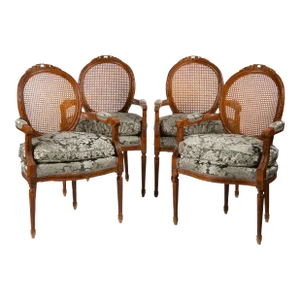 Early 20th Century Louis XVI Style Walnut Caned Needlepoint Lounge Chairs