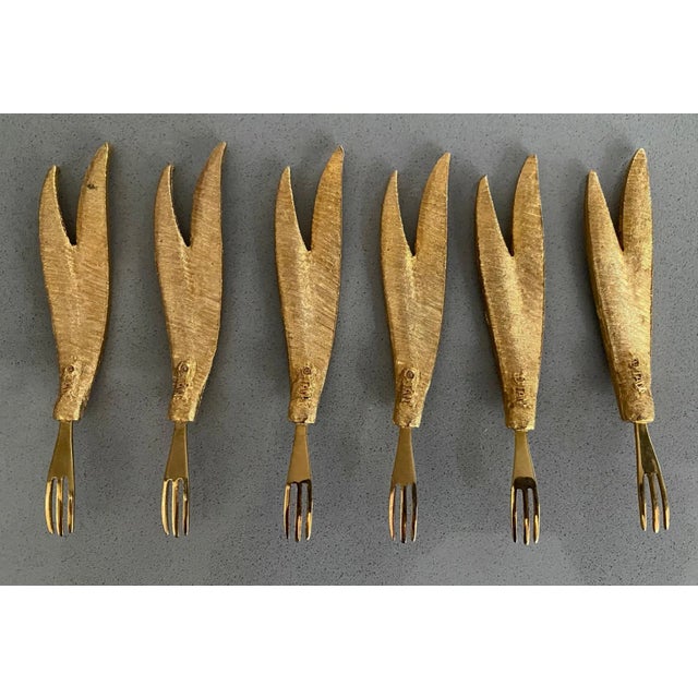 Vintage 24Kt Gold-Plated Cocktail Forks With Leaf Handles- Set of 6 For Sale - Image 4 of 10