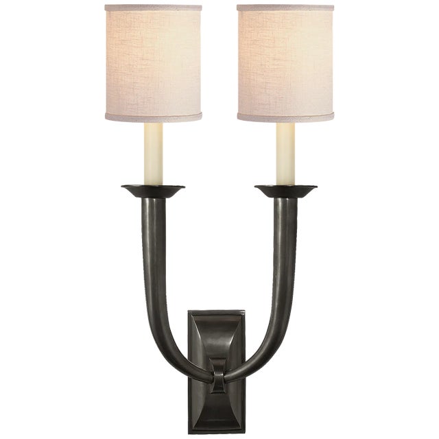 French Deco Horn Double Sconce in Bronze with Linen Shades Height: 22" Extension: 6" Backplate: 3.25" x 7" Rectangle...