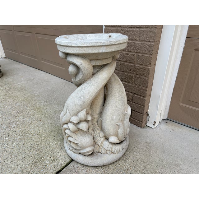 Vintage Neoclassical Triple Dolphin Cast Stone Garden Pedestal For Sale - Image 4 of 9