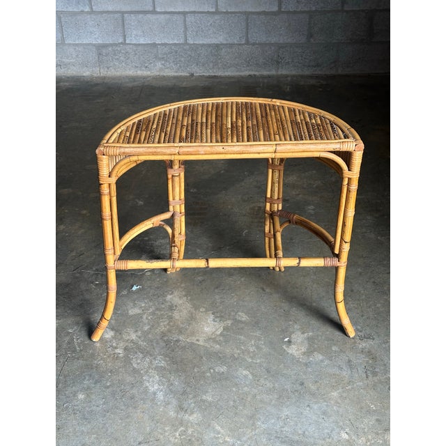 1970s Burnt Bamboo and Rattan Demilune Console Table For Sale - Image 11 of 12
