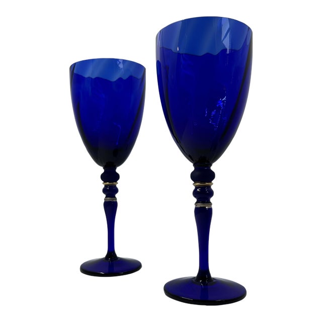 Vintage Cobalt Blue Art Glass Goblets With Optical Swirl & Gilded Accents – Set of 2 For Sale