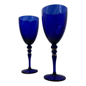 Vintage Cobalt Blue Art Glass Goblets With Optical Swirl & Gilded Accents – Set of 2