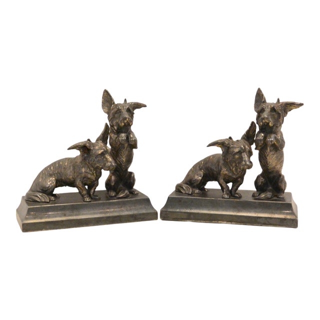 Antique Jennings Brothers Scottish Terrier Cast Bronze Bookends – Rare Begging Pair For Sale