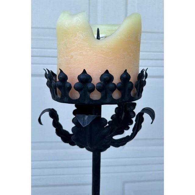 Black Mid 20th Century Spanish Forged Iron Floor Candlesticks, Torchieres 5 Ft Tall - Pair For Sale - Image 8 of 16