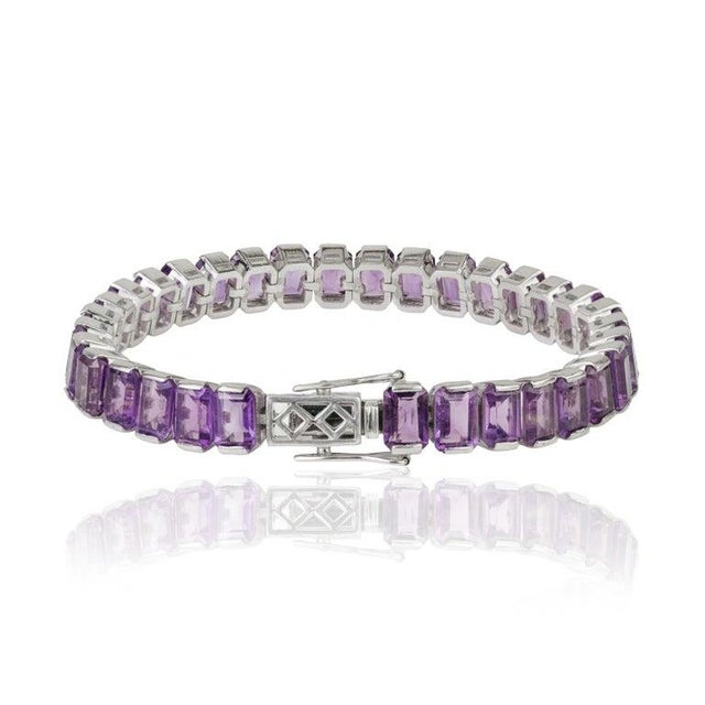 Metal Bochic Natural Amethyst Step-Cut Tennis Bracelet in Solid Silver for Her For Sale - Image 7 of 11
