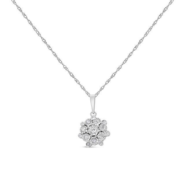 Contemporary .925 Sterling Silver 1/4 cttw Diamond Floral Cluster Pendant Necklace For Sale - Image 3 of 5