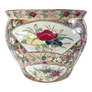 Large Vintage Chinese Famille Rose Style Gilded Porcelain Fishbowl Planter